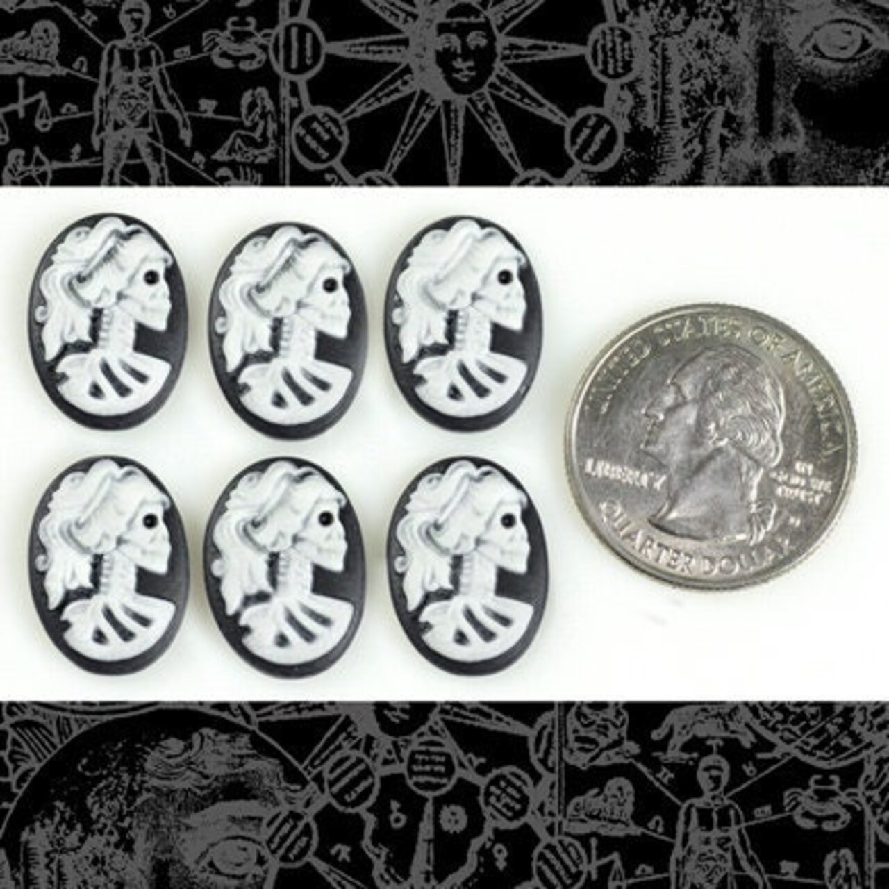 Black and White Skeleton Profile Lolita 18mm x 13mm Resin Cameos - Set of Six - CAM14